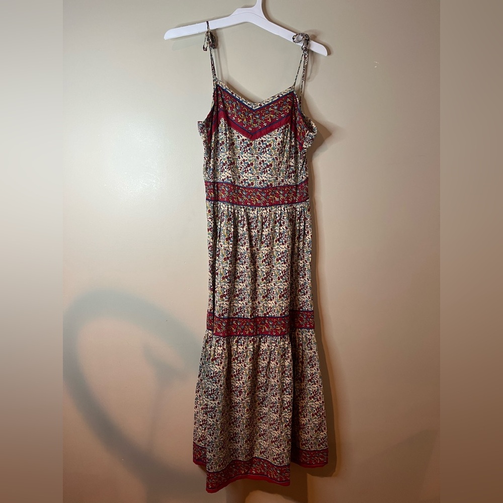 Kantha Made in India Floral Cotton Tie Sleeve Tiered Maxi Dress EUC